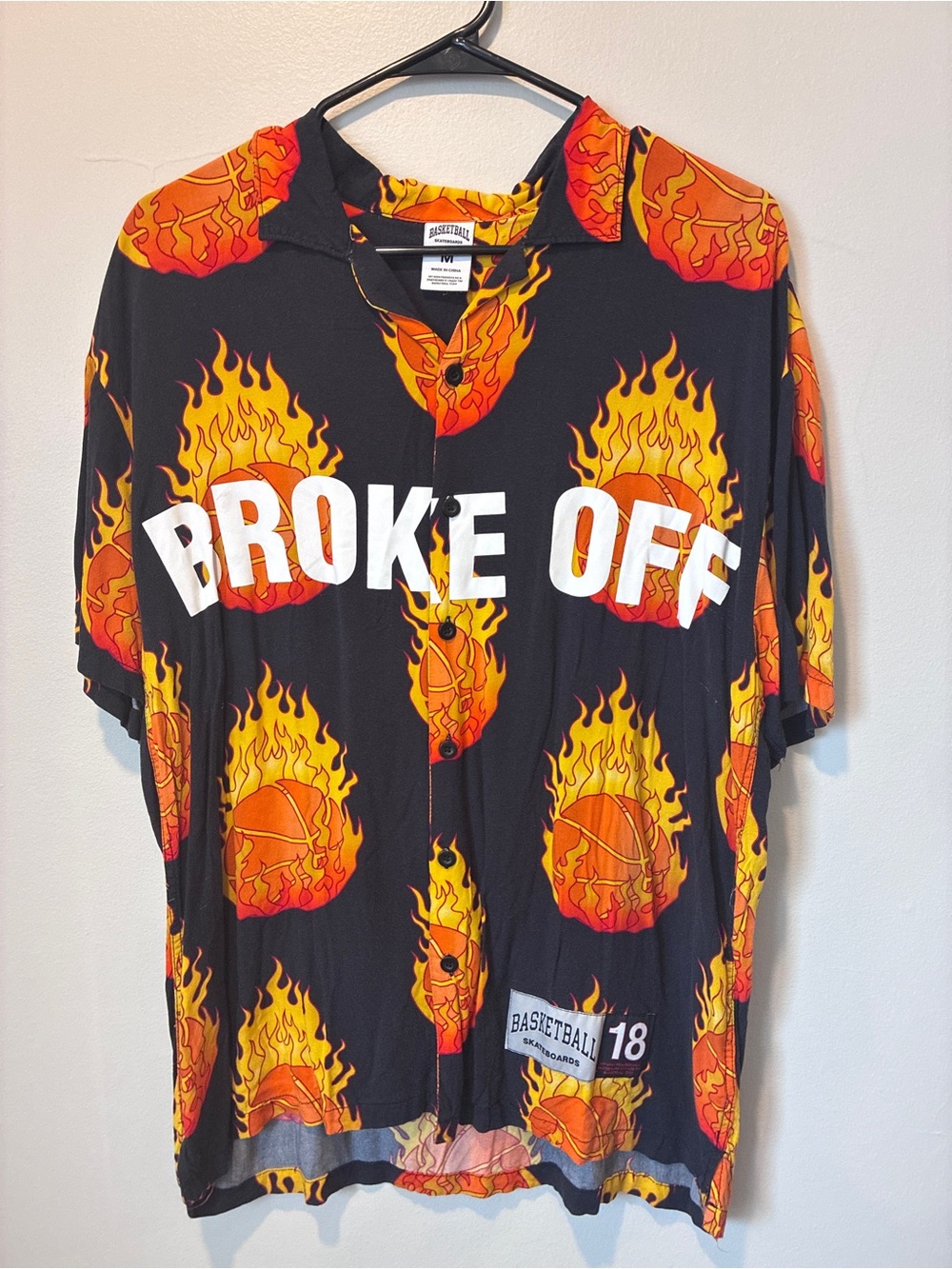Heron Preston Black Shirt with Orange and Yellow Flame Basketball Print